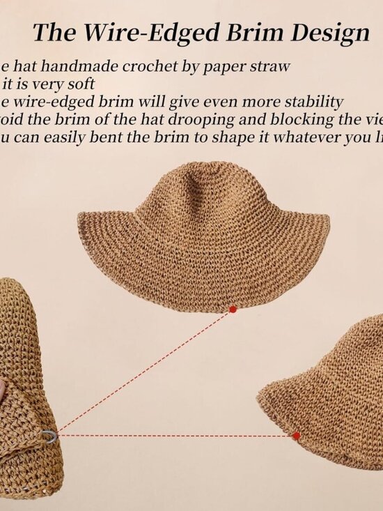 Women Foldable Summer Wide Brim Packable Sun Hat Travel Straw Fedora Hat Khaki4